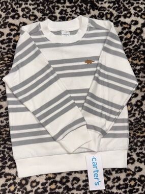 Carter's White and Gray Striped Knit Top with Brown Embroidered Moose